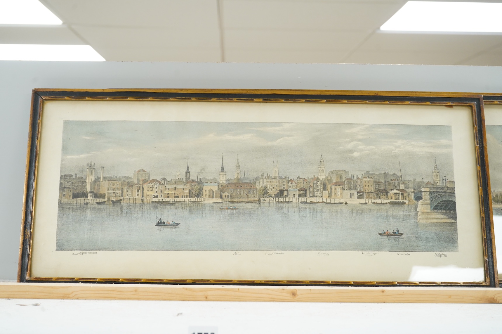 A set of four colour prints, London views to include St Paul’s and London Bridge, printed by C. Hullmandel, together with two other etchings, one coloured, largest 26 x 63cm